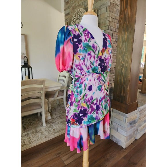 ONE33 SOCIAL - RUCHED FLORAL-PRINT CREPE DE CHINE MINI DRESS - PINK - US 12 - Picture 4 of 10